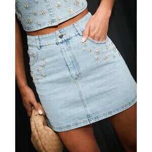 Vici Midnight Muse Rhinestone Studded Denim Mini Skirt Blue Small
